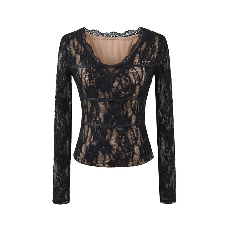 V-Neck Lace Crop Top with Long Sleeves