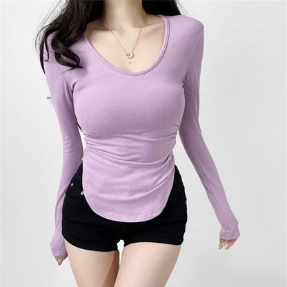 Scoop Hem Solid Tee with Long Sleeves