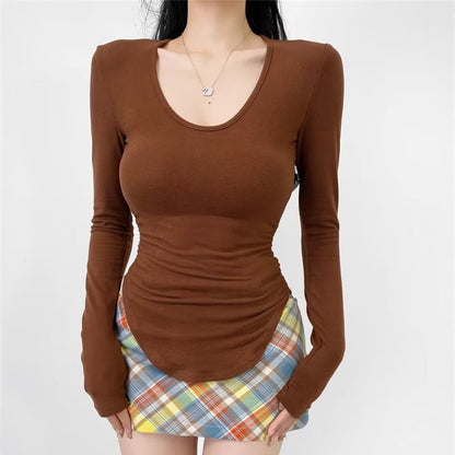 Scoop Hem Solid Tee with Long Sleeves