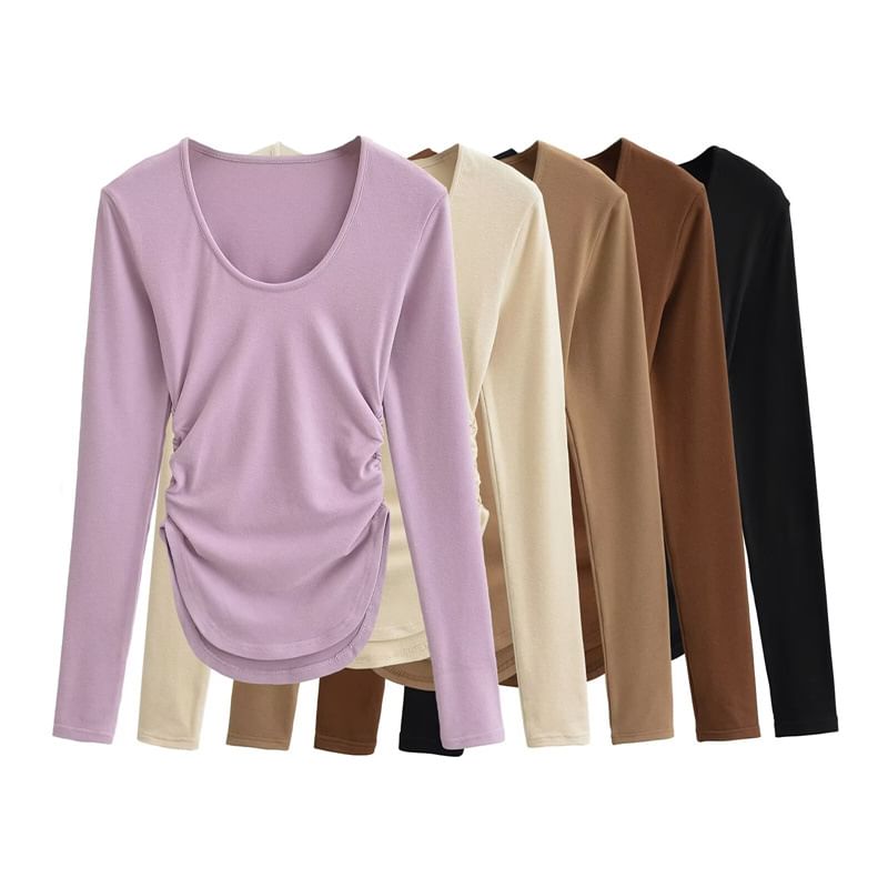 Scoop Hem Solid Tee with Long Sleeves