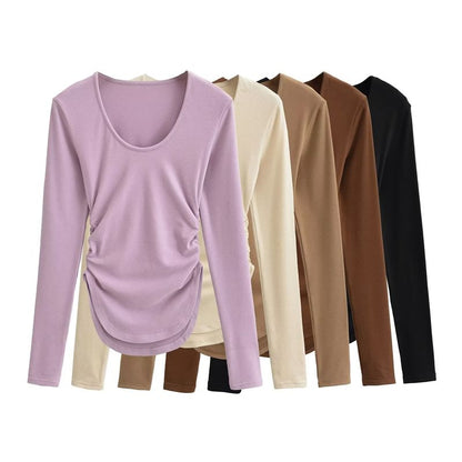 Scoop Hem Solid Tee with Long Sleeves