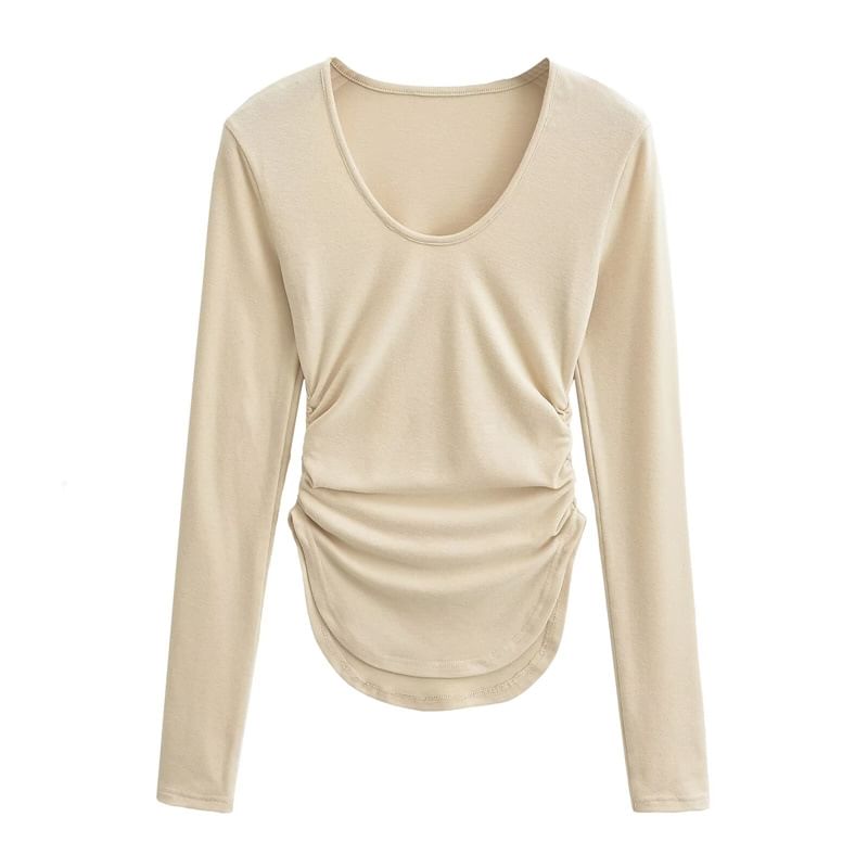 Scoop Hem Solid Tee with Long Sleeves