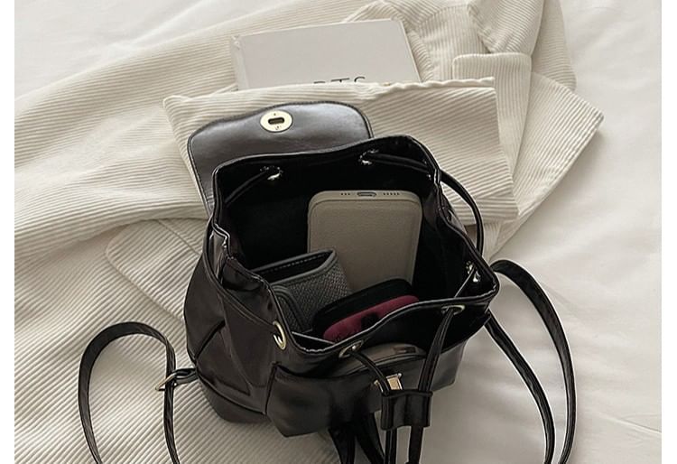 Plain Drawstring Faux Leather Flap Backpack