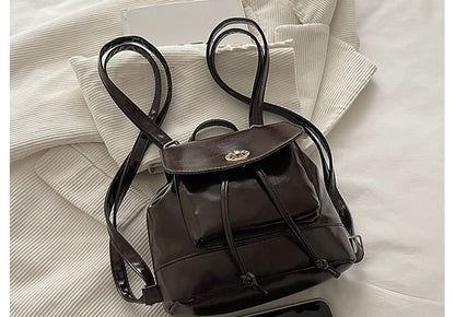 Plain Drawstring Faux Leather Flap Backpack