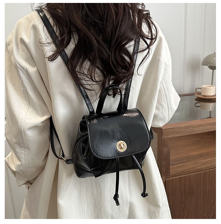 Plain Drawstring Faux Leather Flap Backpack