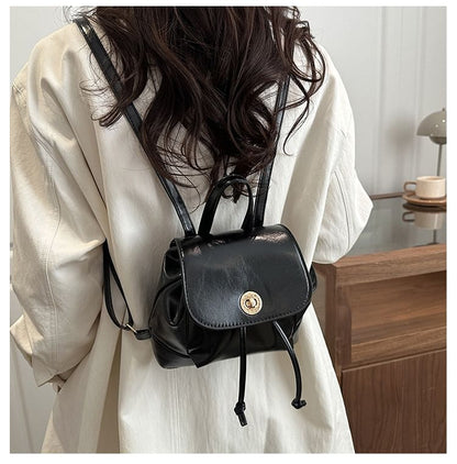 Plain Drawstring Faux Leather Flap Backpack