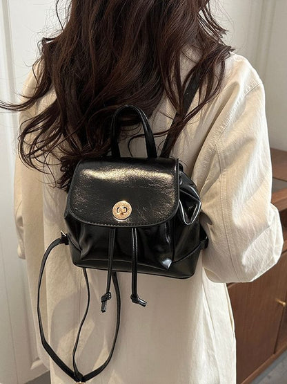 Plain Drawstring Faux Leather Flap Backpack