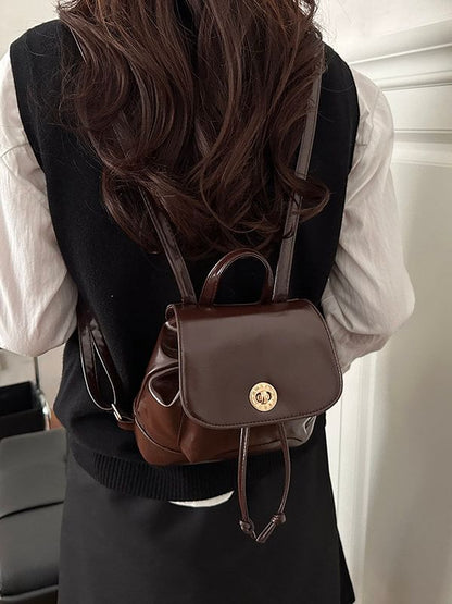 Plain Drawstring Faux Leather Flap Backpack