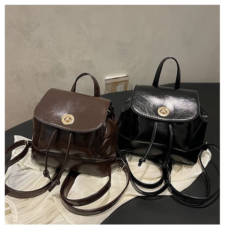 Plain Drawstring Faux Leather Flap Backpack