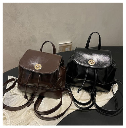 Plain Drawstring Faux Leather Flap Backpack