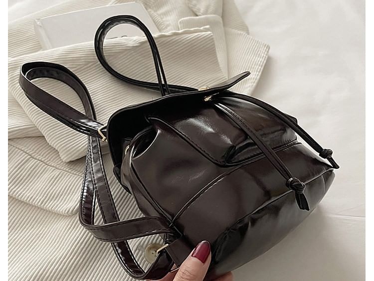Plain Drawstring Faux Leather Flap Backpack