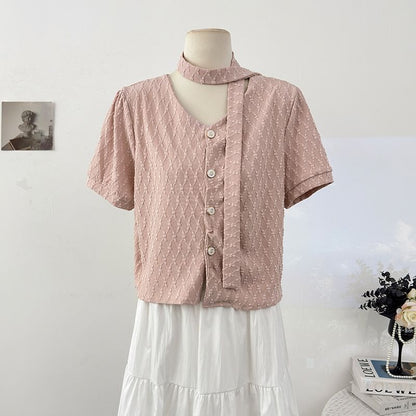 Textured Loose-Fit V-Neck Short-Sleeve Blouse
