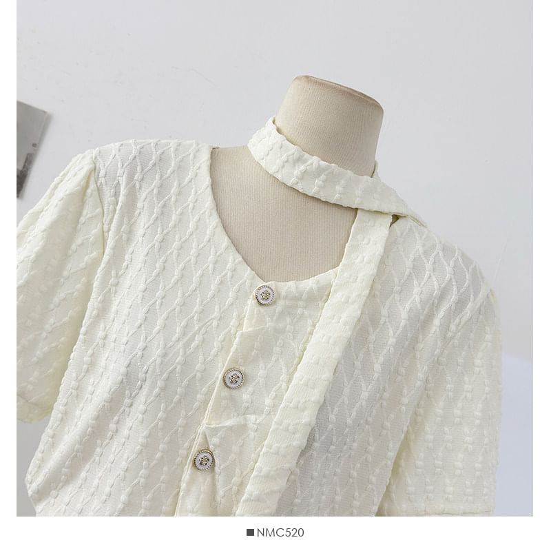 Textured Loose-Fit V-Neck Short-Sleeve Blouse