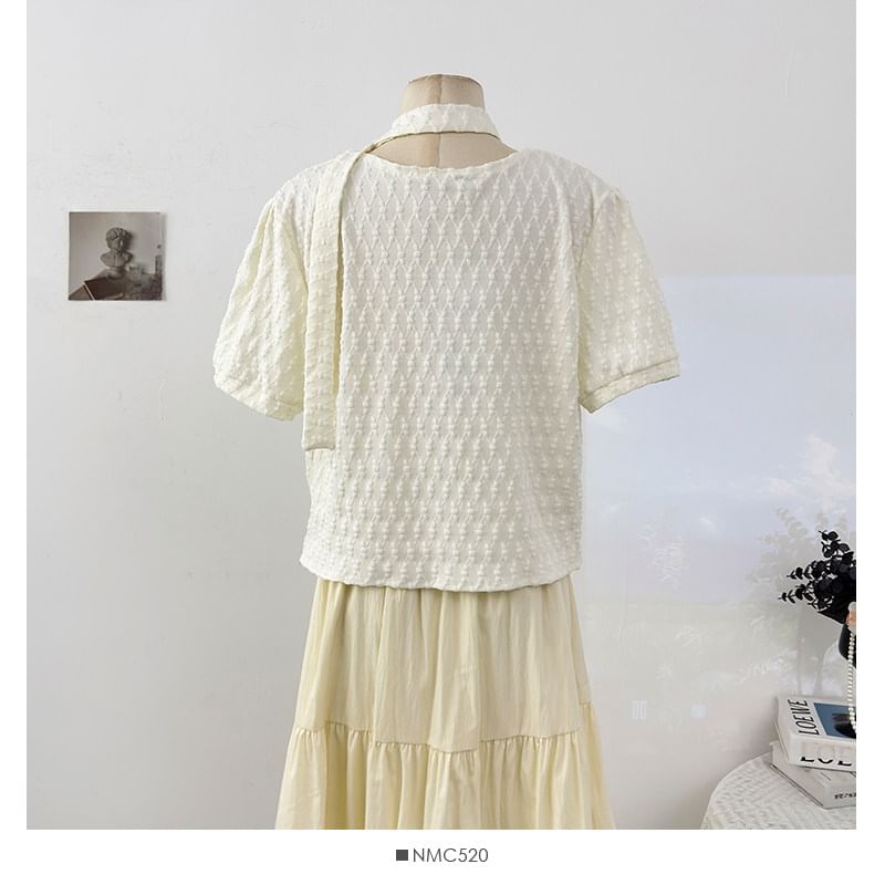 Textured Loose-Fit V-Neck Short-Sleeve Blouse