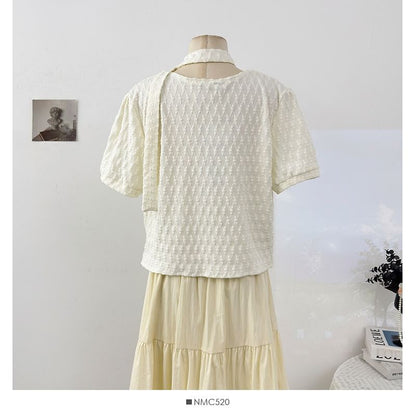 Textured Loose-Fit V-Neck Short-Sleeve Blouse