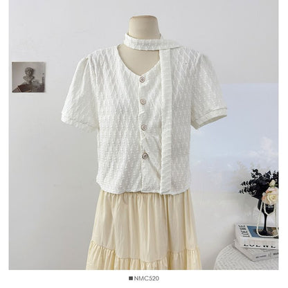 Textured Loose-Fit V-Neck Short-Sleeve Blouse