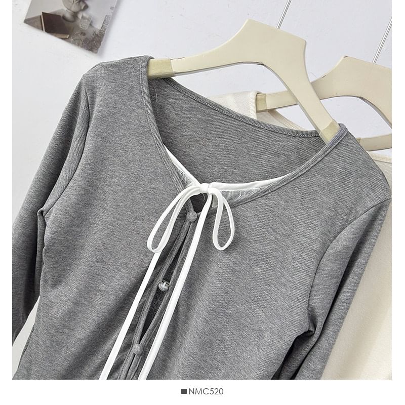 Fitted Lace-Trim Long Sleeve Tee with Front Tie