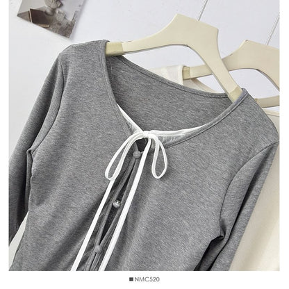 Fitted Lace-Trim Long Sleeve Tee with Front Tie
