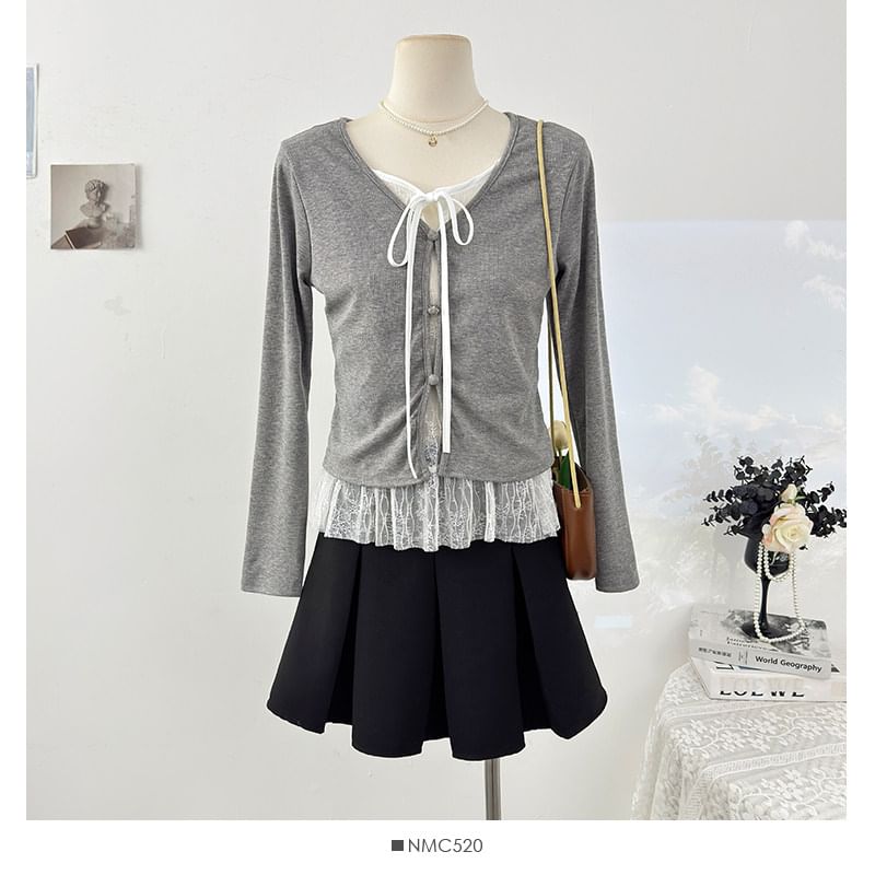 Fitted Lace-Trim Long Sleeve Tee with Front Tie