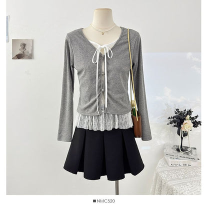 Fitted Lace-Trim Long Sleeve Tee with Front Tie