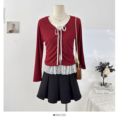 Fitted Lace-Trim Long Sleeve Tee with Front Tie