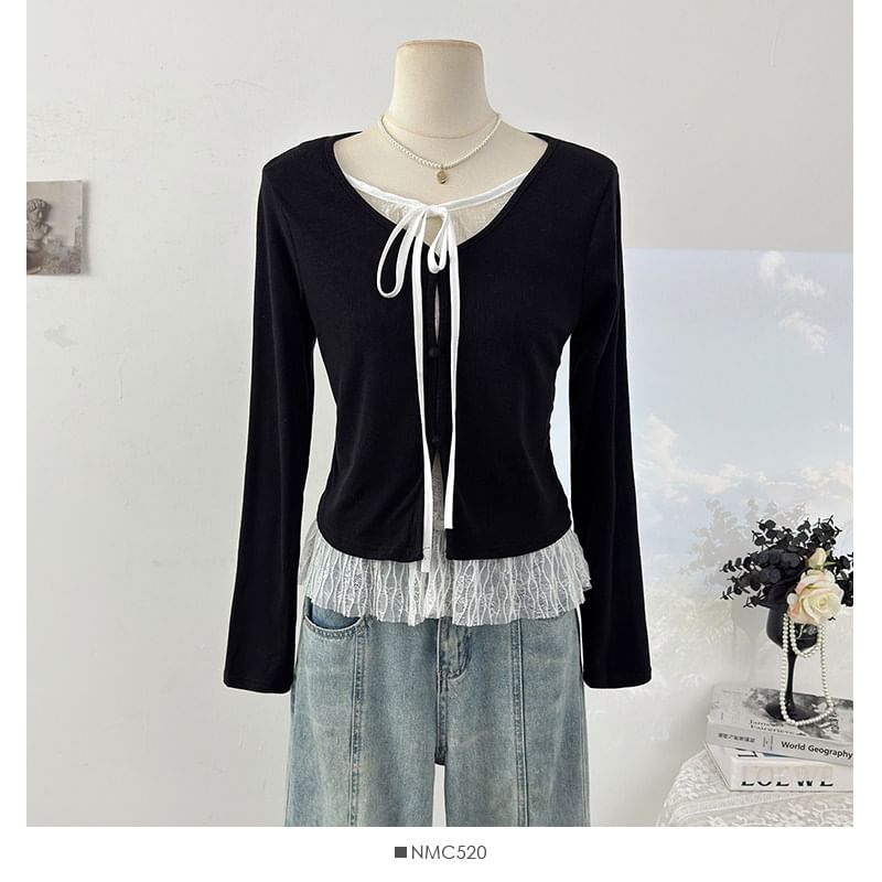 Fitted Lace-Trim Long Sleeve Tee with Front Tie