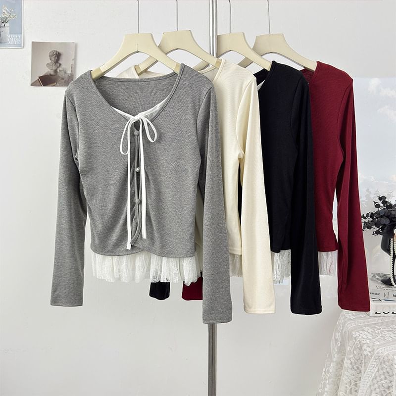 Fitted Lace-Trim Long Sleeve Tee with Front Tie