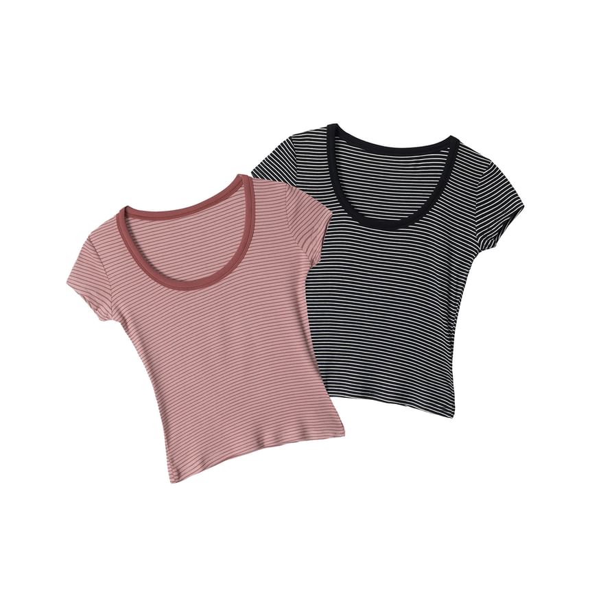 Scoop Neck Striped Slim-Fit Short-Sleeve Tee