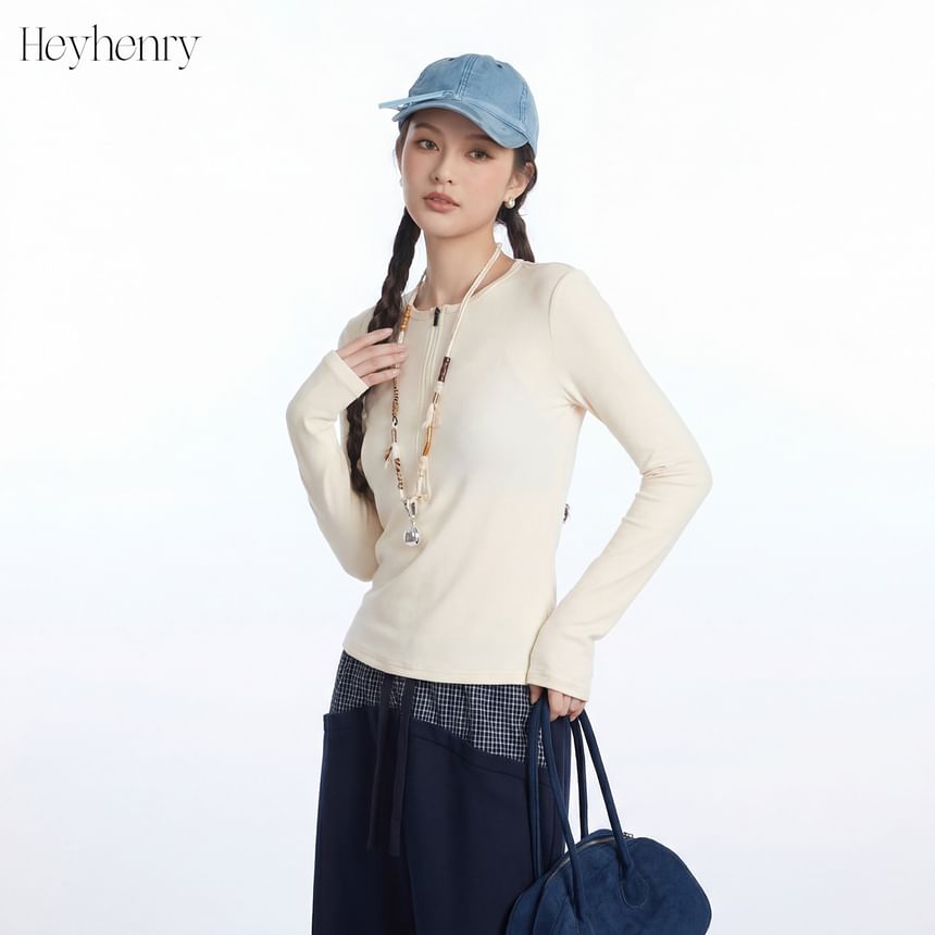 Slim-Fit Half-Zip Round Neck Long Sleeve Pullover