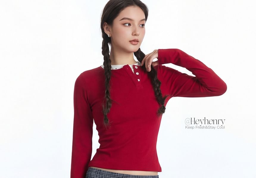 Color-Block Round Neck Crop Tee with Long Sleeves