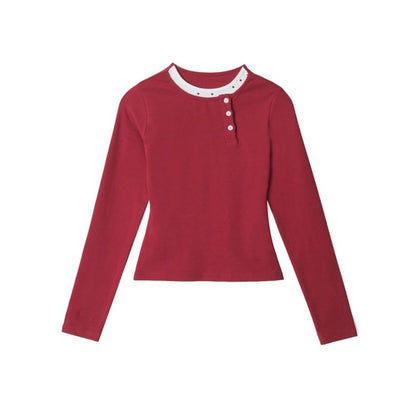 Color-Block Round Neck Crop Tee with Long Sleeves