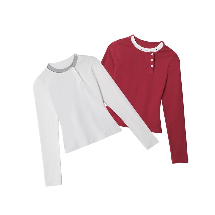 Color-Block Round Neck Crop Tee with Long Sleeves