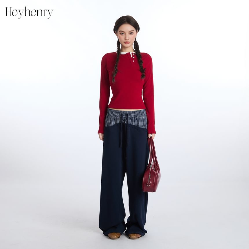 Color-Block Round Neck Crop Tee with Long Sleeves