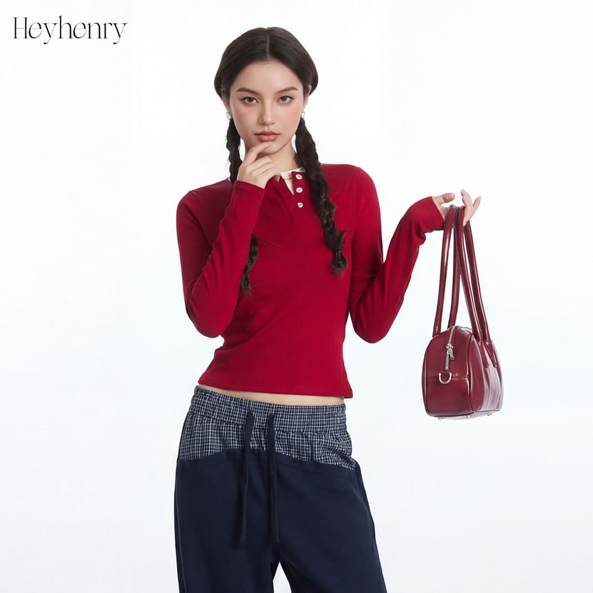 Color-Block Round Neck Crop Tee with Long Sleeves