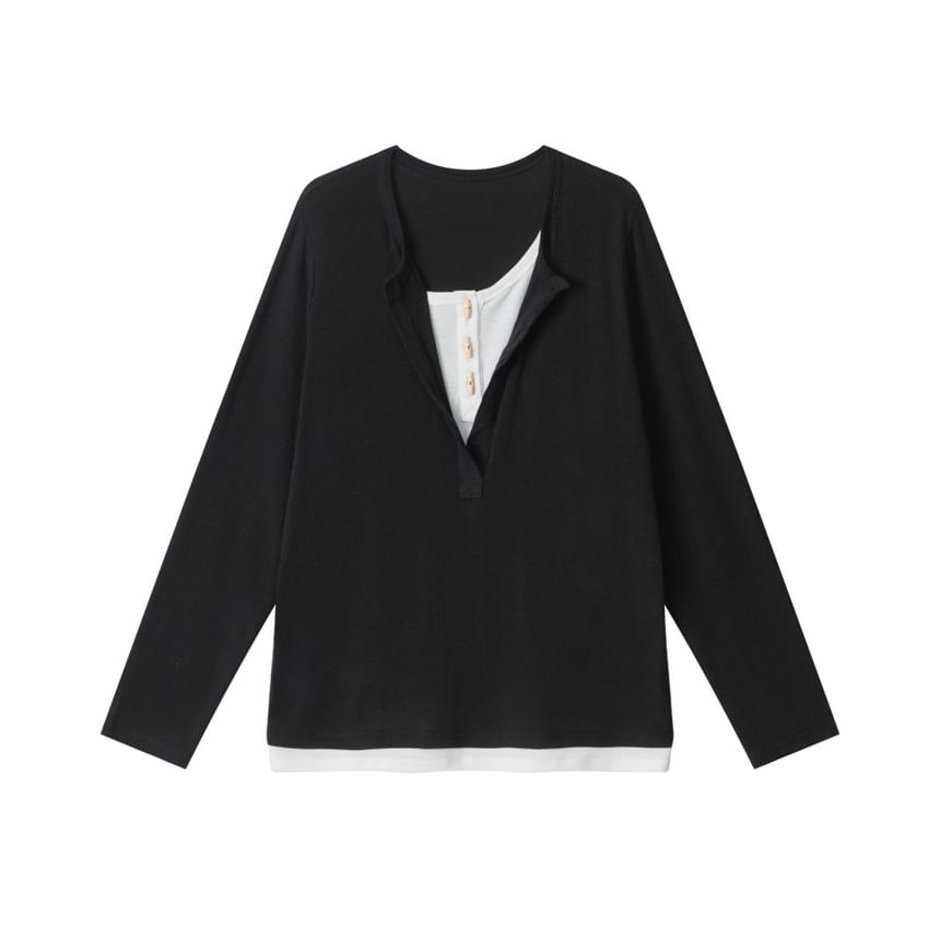 Relaxed Color-Block Long Sleeve Tee with Faux Layer