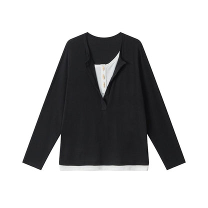 Relaxed Color-Block Long Sleeve Tee with Faux Layer
