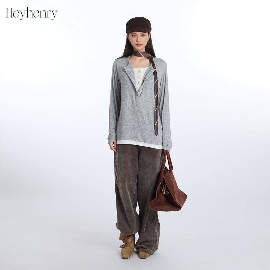 Relaxed Color-Block Long Sleeve Tee with Faux Layer