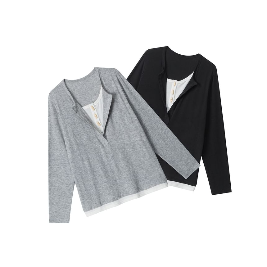 Relaxed Color-Block Long Sleeve Tee with Faux Layer