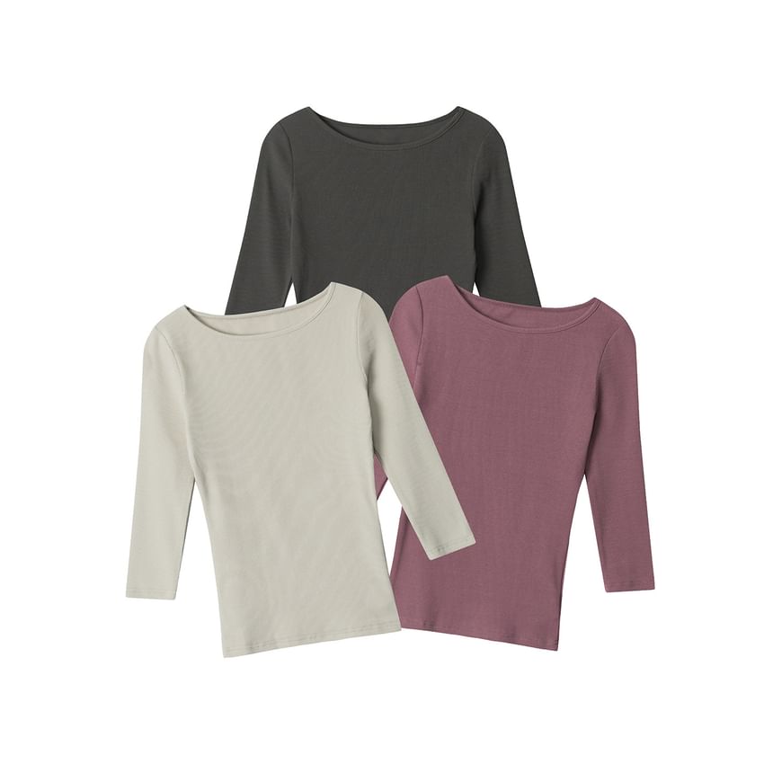 Ribbed Boatneck Slim-Fit Elbow-Sleeve Top