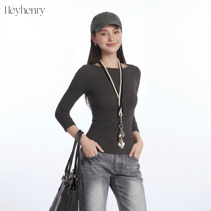 Ribbed Boatneck Slim-Fit Elbow-Sleeve Top