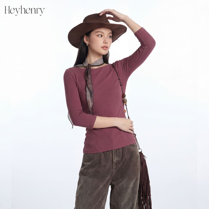 Ribbed Boatneck Slim-Fit Elbow-Sleeve Top