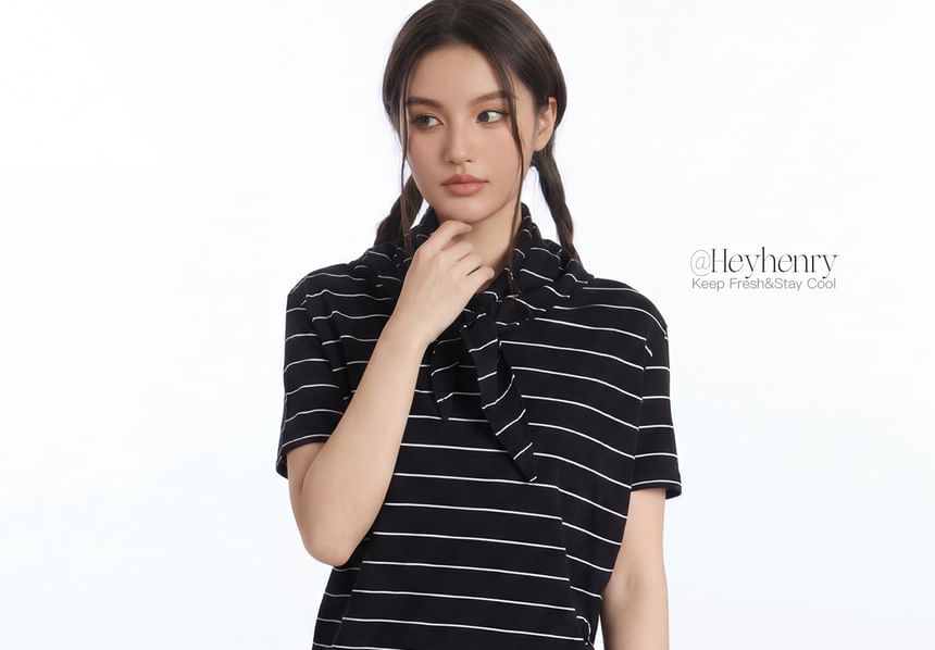 Tie Neck Striped Loose-Fit Short-Sleeve Tee