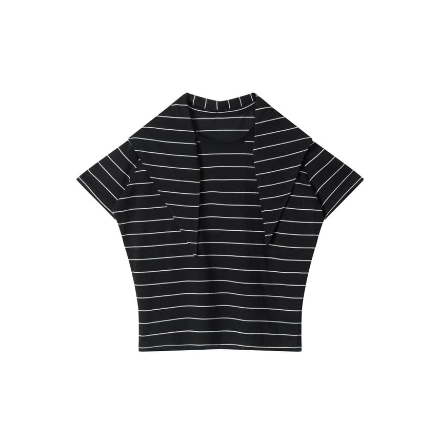 Tie Neck Striped Loose-Fit Short-Sleeve Tee
