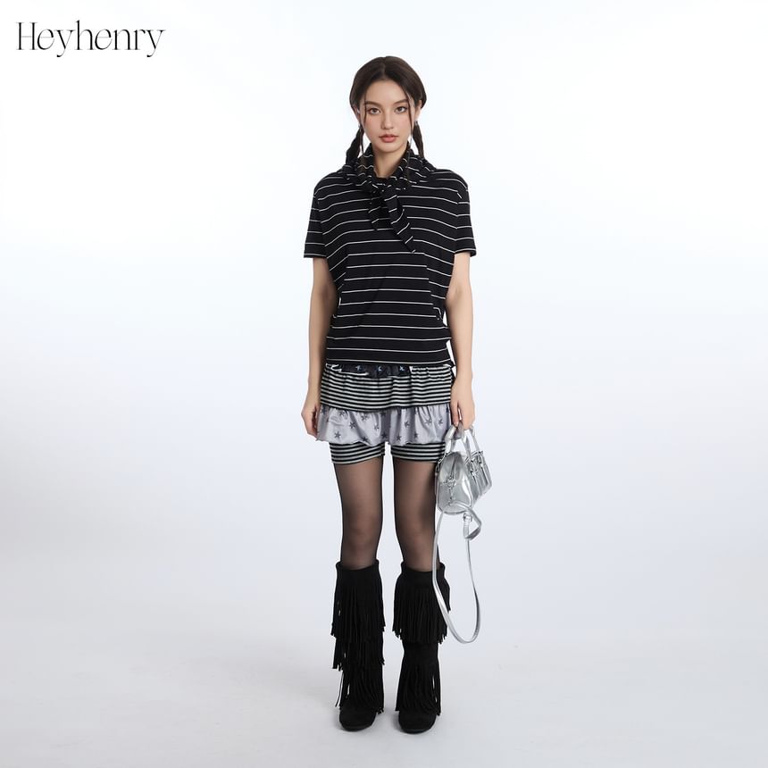 Tie Neck Striped Loose-Fit Short-Sleeve Tee