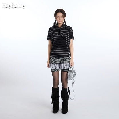 Tie Neck Striped Loose-Fit Short-Sleeve Tee