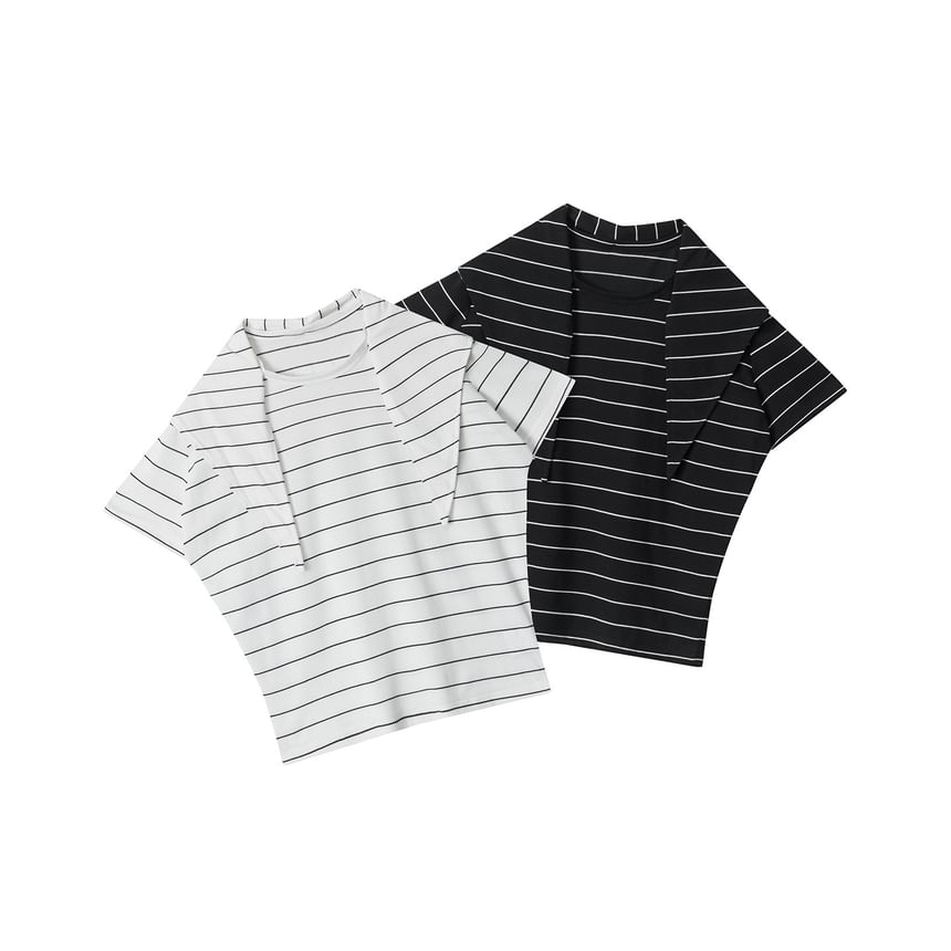 Tie Neck Striped Loose-Fit Short-Sleeve Tee