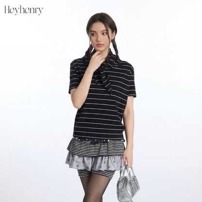 Tie Neck Striped Loose-Fit Short-Sleeve Tee