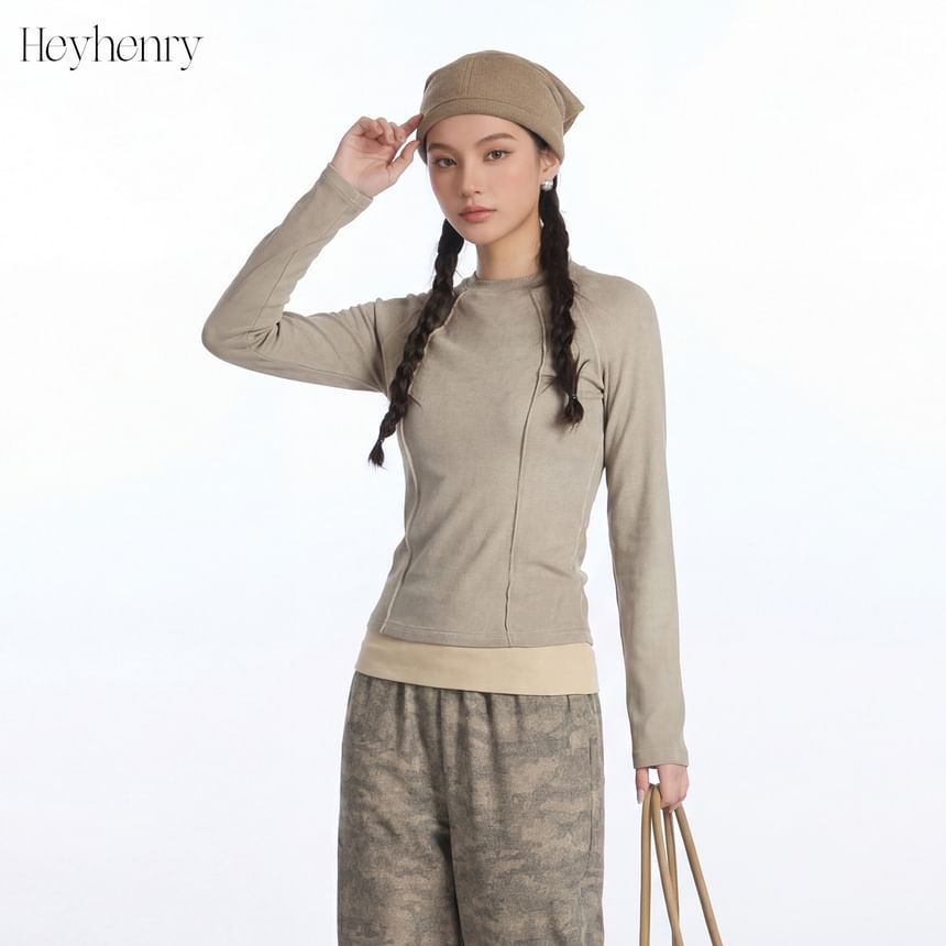 Paneled Solid Crewneck Slim-Fit Long-Sleeve Top