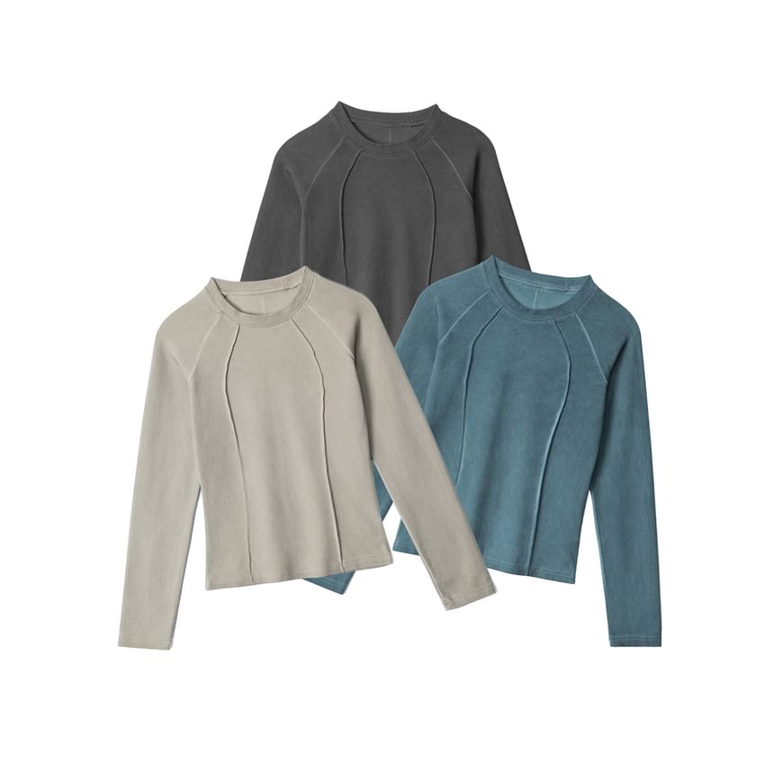 Paneled Solid Crewneck Slim-Fit Long-Sleeve Top