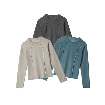 Paneled Solid Crewneck Slim-Fit Long-Sleeve Top